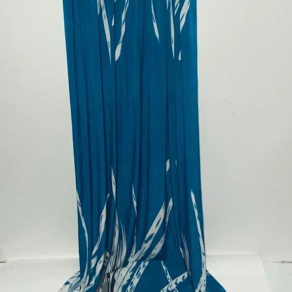 Women's Blue White Tropical Smocked Stretchy‎ Pullover Maxi Dress One Size NWT